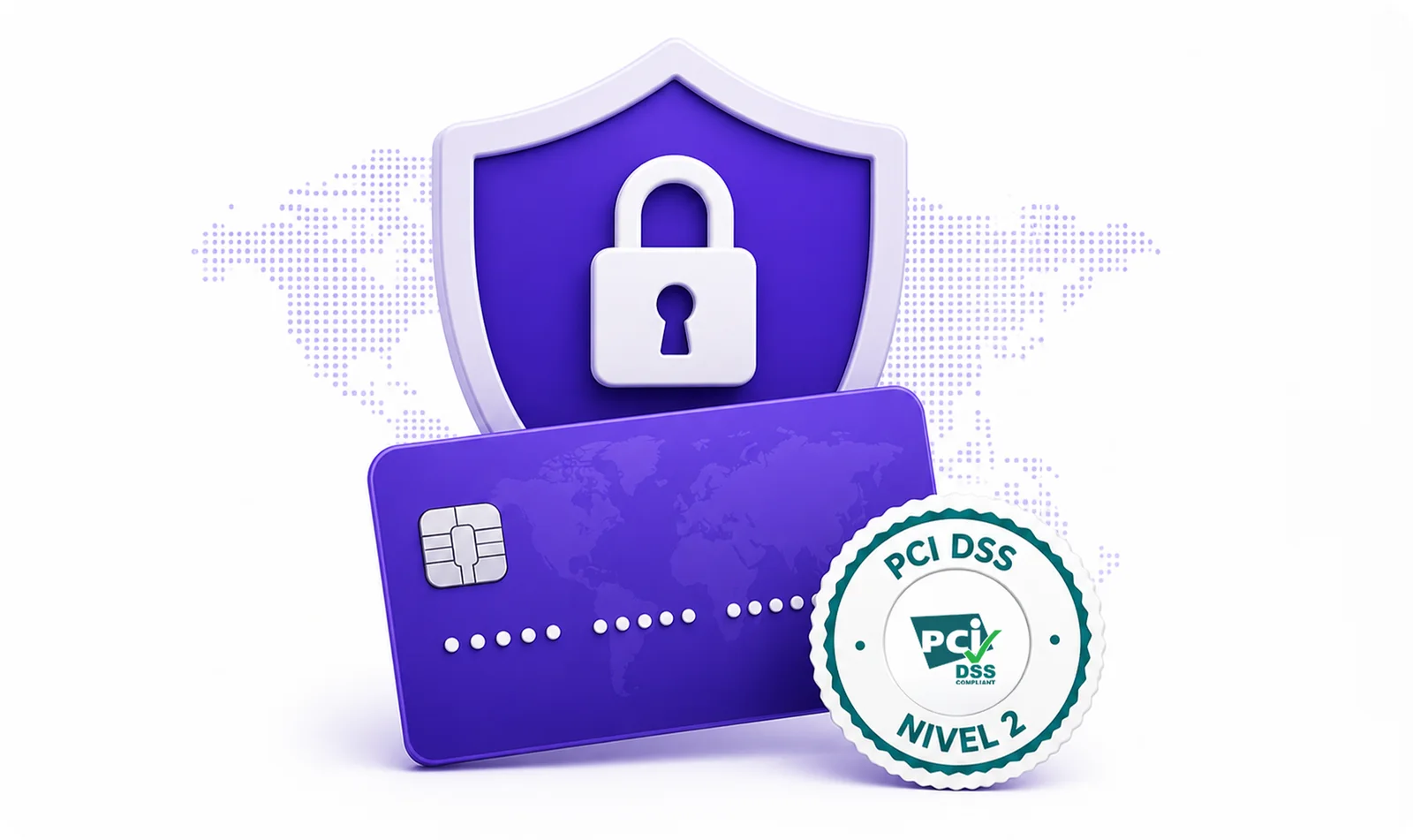 Escudo con candado, tarjeta de crédito y sello PCI DSS Nivel 2 que certifica la seguridad de Akita Payment.